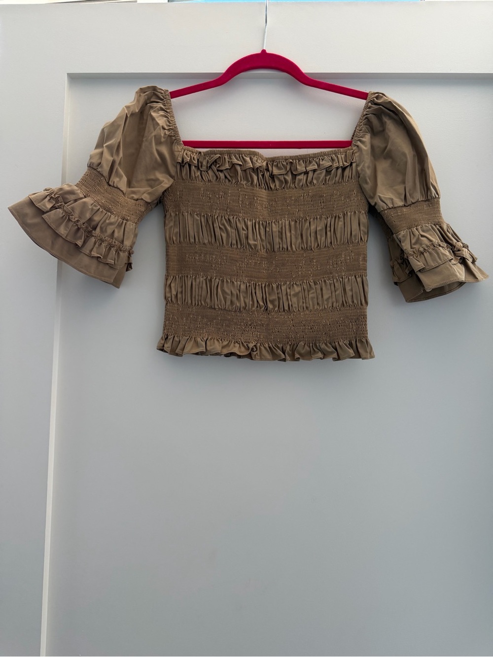 Smocked Ruffle Off-Shoulder Blouse in Tan